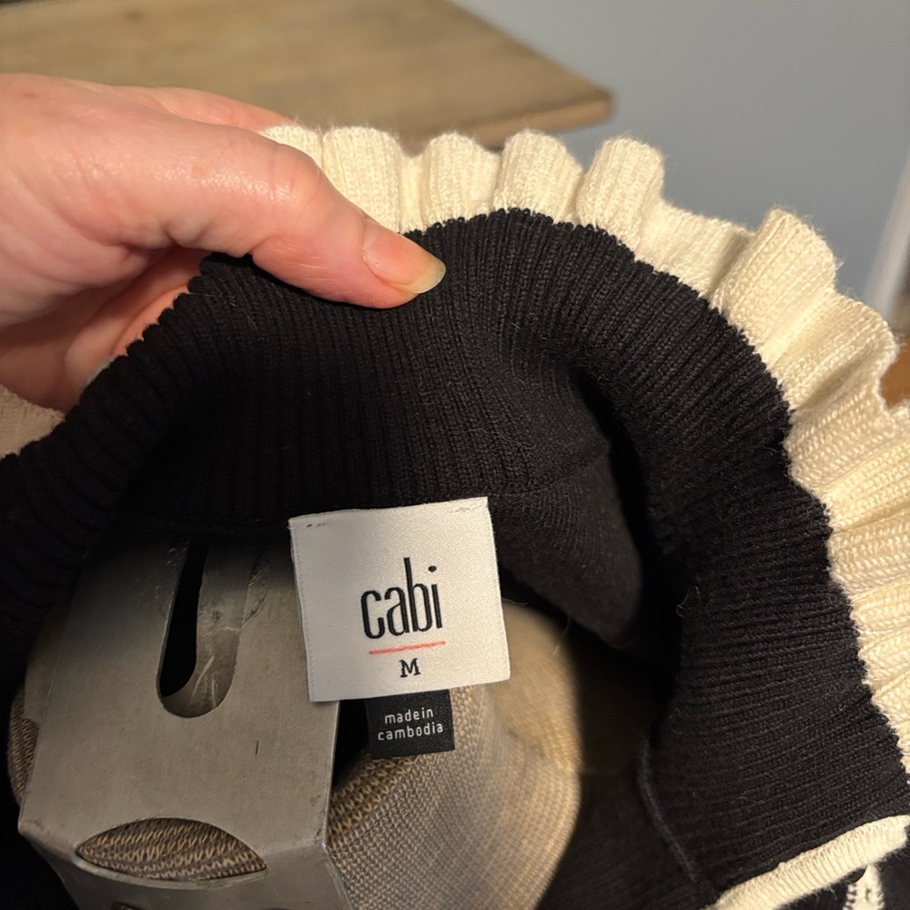 CABI Adorn #4103  Black and Cream ruffle ribbed cotton pullover sweater - Picture 9 of 10